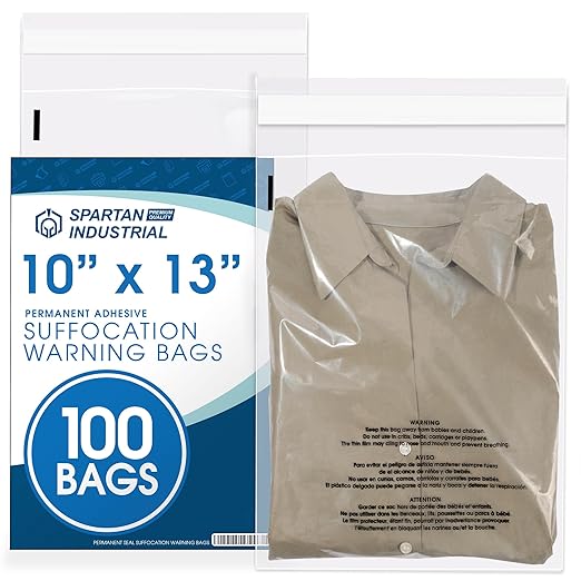 Spartan Industrial - 10” X 13” (100 Count) Self Seal Clear Poly Bags with Suffocation Warning for Packaging, T Shirts - Permanent Adhesive