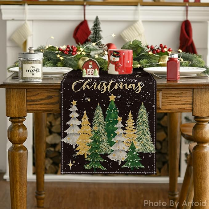 Artoid Mode Xmas Trees Black Merry Christmas Table Runner, Seasonal Winter Kitchen Dining Table Decoration for Home Party Decor 13x72 Inch