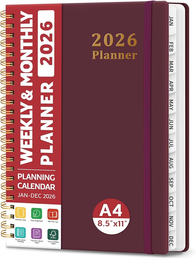 2026 Planner, Weekly and Monthly Calendar Planner, January 2026 - December 2026, Hardcover 2026 Calendar Planner Book with Tabs For Women & Men, Inner Pocket, Spiral Bound, Perfect for Office Home School Supplies - A4 (8.5" x 11"), Burgundy
