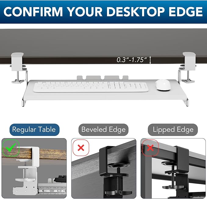 AX WABER Keyboard Tray Under Desk Pull Out with Extra Sturdy C Clamp Mount System, 27.3 (32.5 inch Including Clamps) x 11 Inch Slide-Out Platform Computer Drawer for Typing White AX01WW01