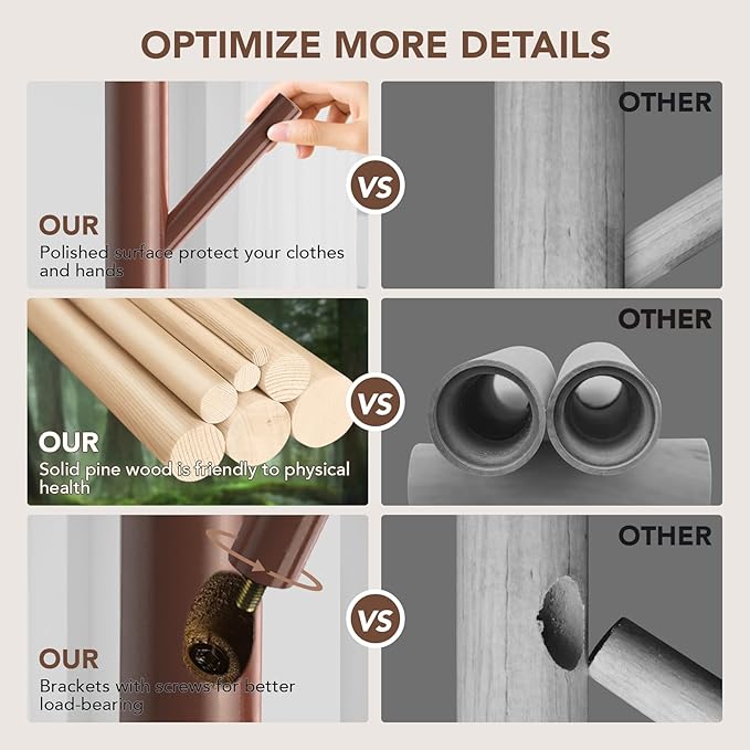 Wooden Tree Coat Rack Stand,Sturdy Freestanding Coat Rack with 8 Hooks,3 Adjustable Height for Child Adult,Wood Coat Stand Tree Fits Entryway Bedroom Office for Bags,Hats