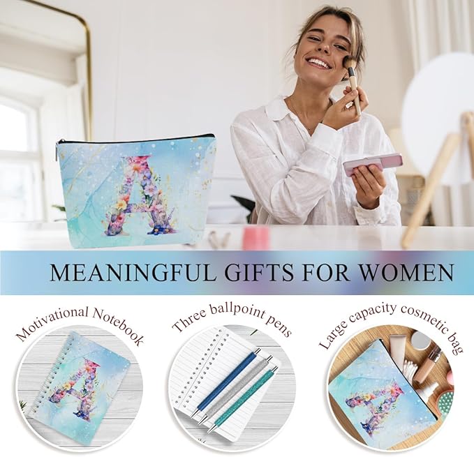 Personalized Gifts Monogrammed Birthday Gifts for Women, Cowerker Bride Appreciation Christmas Initial 20 oz Tumbler, Makeup Bag Cup Ballpoint Pens Journal Notebook 6 Set, (Aesthetic Blue Flower A)