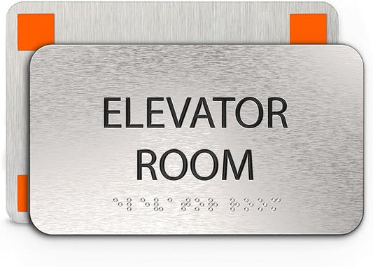 ADA Elevator Room Sign for Business - Office Signs, Aluminum Brushed Silver, Tamper-Proof, Heavy Duty Mounting Tape, Easy Install, Office Décor, ADA Compliant, Grade 2 Braille (7” W x 4” H) ADASigns.org