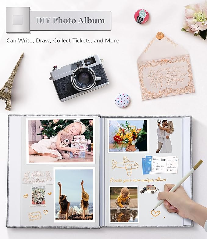 Photo Album Self Adhesive Scrapbook Album for 3x5 4x6 5x7 8x10 Pictures,120 Pages Linen Cover with Display Window DIY Photo Book,Ideal Gifts for Family Travel Wedding Baby