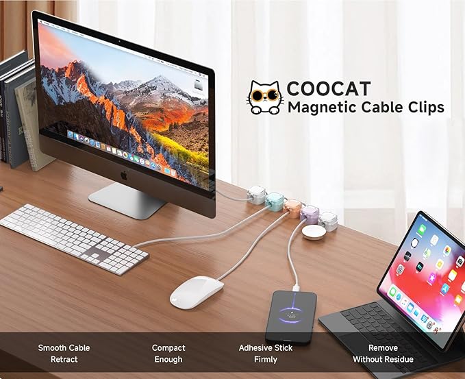 Magnetic Cable Clips, Adjustable Cord Holder Management, Adhesive Wire Keeper Organizer for Home Office Desk Phone PC Car Wall Desktop Nightstand Appliance (9-Pack White Crystal)