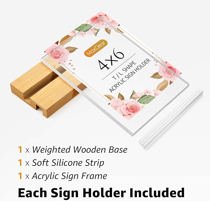 MaxGear L/T Shape Acrylic Sign Holder, 4 X 6 Clear Table Display Stand with Wooden Base, Flyer Menu Holder Photo Frames Paper Stand for Office, Wedding, Restaurants, Hotels 3 Pack