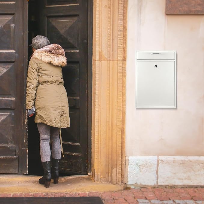 Locking Mailbox with Key for Outdoor 16.2 x 11.2 x 4.7 Inches Large Wall Mount Mail Box with Lock Security Mail Drop Metal Collection Boxes Hanging Secure Postbox(Creamy White)
