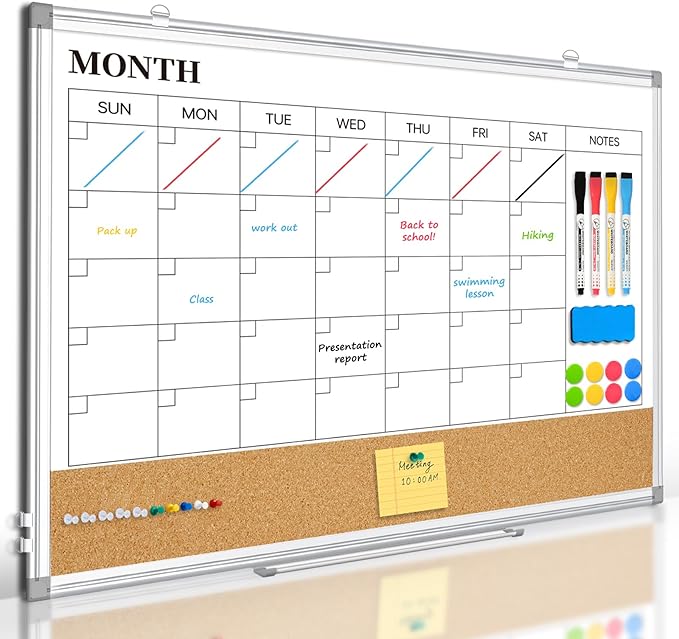 Dry Erase Calendar Whiteboard for Wall, 24"x18" Magnetic Monthly White Board Cork Board Combo, Double Sided, Aluminum Frame, Wall Hanging Wipe Board for Home, Office, School, Dorm