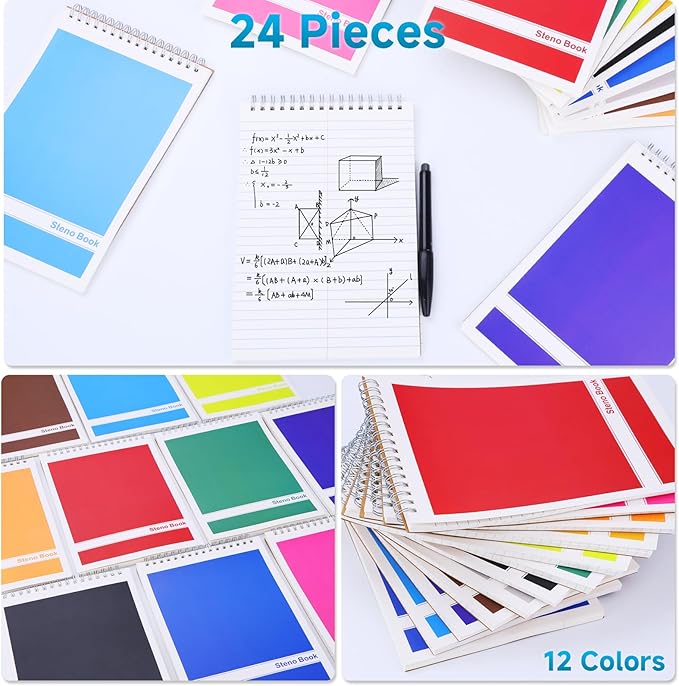24 Pack Steno Pads 6x9 Spiral Notebooks Bulk 12 Assorted Colors Note Pads 60 Sheets Gregg Rule Writing Paper, Steno Notebooks for Students Teachers Men Women Professionals Office School Recording
