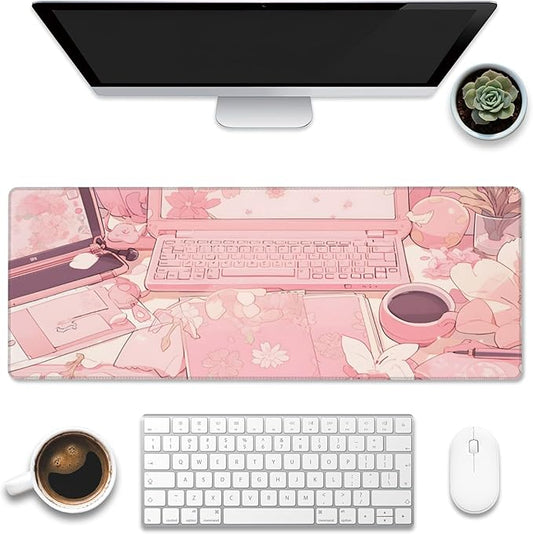 Large Gaming Mouse Pad for Desk,Pink Kawaii Anime Girl Desk Desk Mat,Kawaii Anime Desktop Desk Pad,Extended Big Computer Keyboard Mouse Pad with Non-Slip Base and Stitched Edge,31.5"x11.8"