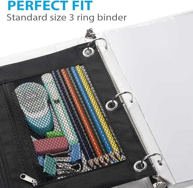 Sooez Pencil Pouch for 3 Ring Binder, 2 Pack Fabric Binder Pouch with 2 Pockets, Pencil Bags with Zipper and Reinforced Grommets, Pencil Cases for Binder
