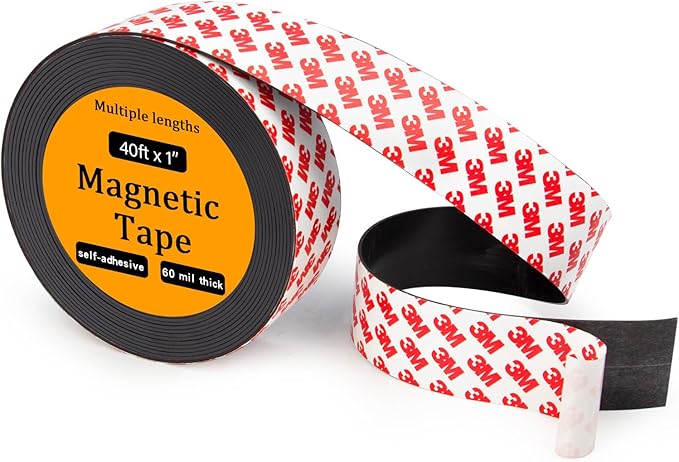 Flexible Magnetic Tape Strip Roll with 3M Adhesive Backing,(1in Wide x40ft Long) Sticky Magnet Tape Strips for Kitchen, Garage Whiteboards Fridge DIY Organization