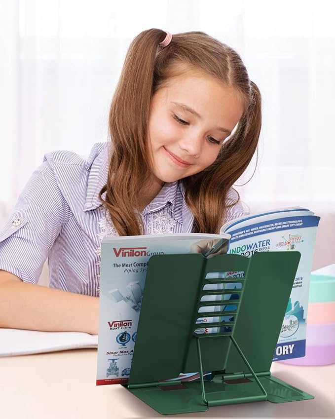 MSDADA Book Stand Metal Reading Rest Book Holder Adjustable Cookbook Documents Holder Portable Sturdy Bookstands for Recipes Textbooks Tablet Music Books with Page Clips (Military Green)