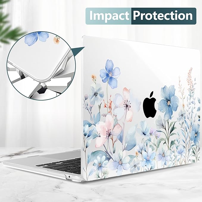 DONGKE Compatible with M4 MacBook Air 15 inch Case 2025 2024 2023 A3241 A3114 A2941 M3 M2 Liquid Retina Display Touch ID, Plastic Hard Case & Keyboard Skin & Screen Protector - Blue Flowers