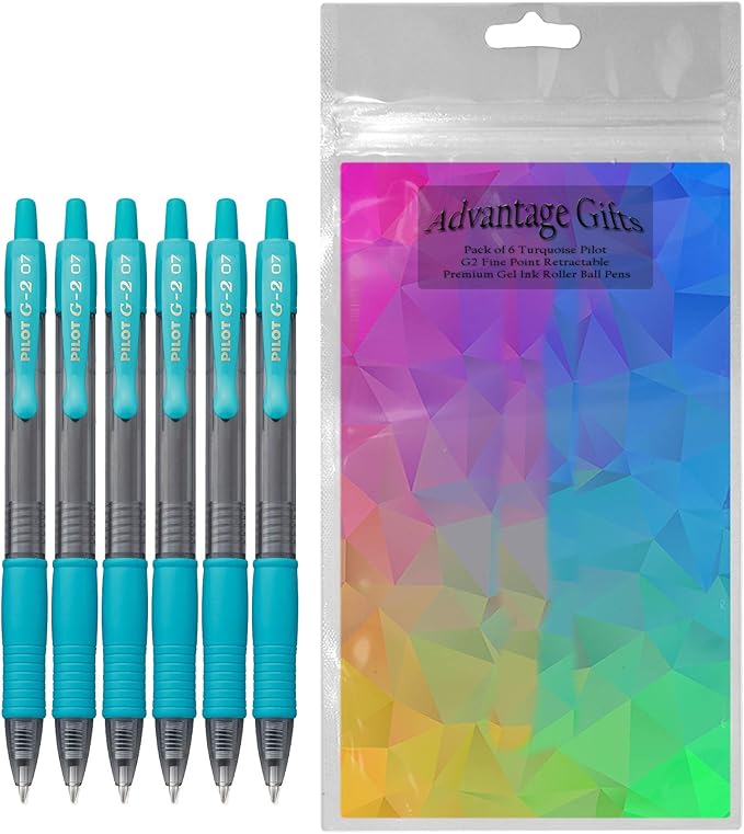 Pilot G2 Retractable Premium Gel Ink Roller Ball Pen (.7mm) Turquoise Ink 6-pk, Refillable & Comfort Grip Bundle with Plastic Pouch