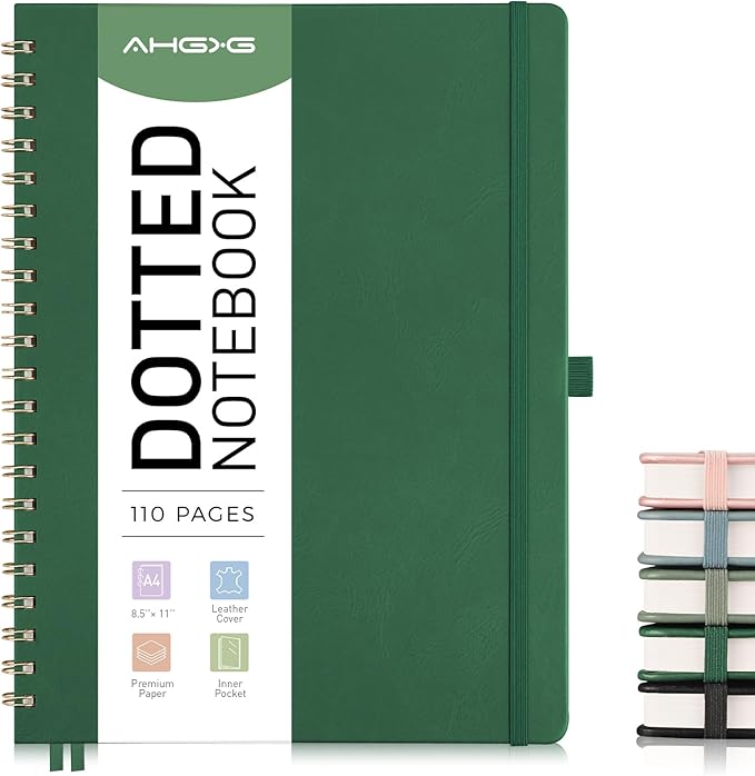 AHGXG Bullet Dotted Journal Spiral Notebook 8.5" x 11", Large A4 Leather Hardcover Dotted Notebook, 100 GSM Thick Dot Grid Paper, Inner Pocket, for Bullet Journaling, Green