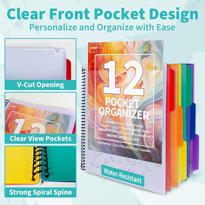Binditek 12-Pocket Poly Project Organizer, Heavy-Duty Poly Cover, Clear Front Pocket, 6-Color Dividers with 1/3-Cut Tabs, Fixed Zipper Pouch, Letter-Size, Blue
