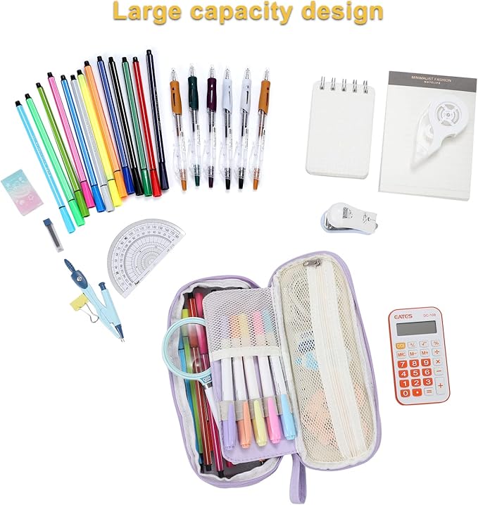 Big Pencil Case Zipper Pencil Pouch Organizer Large Capacity Pen Bag with Handle Portable for Girls Kids Adults Gift Pen Case for School Home Office Purple