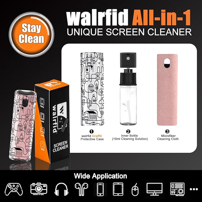 walrfid Graffiti Computer Screen Cleaner, Car Screen Cleaner Spray and Wipe, Electronic Cleaning Spray for Laptop iPad, iPhone, MacBook, TV, Monitor, Tablet Display, with Black Case - Pink