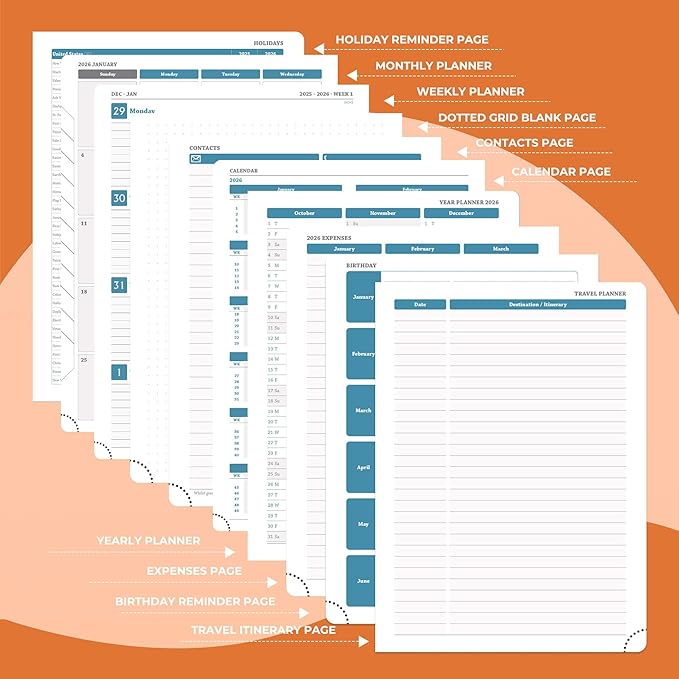 Planner 2026 Daily Weekly and Monthly,11.5"x8.5",12 Months Spiral Bound Calendar Agenda with Self-adhesive Pen Holder,2026 Appointment Book with Vegan Leather Soft Cover,Orange