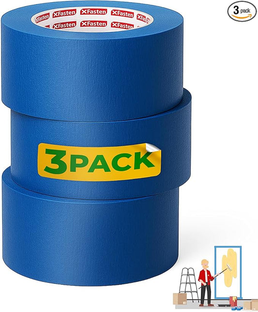 XFasten Blue Painters Tape 540 Feet 3 Inch X 60 Yards (3-Pack) Wide Painters Tape Blue Masking Tape Paint Tape for Walls, Painters Tape Car Strong Adhesion, No Mess Blue Tape Masking Tape for Painting
