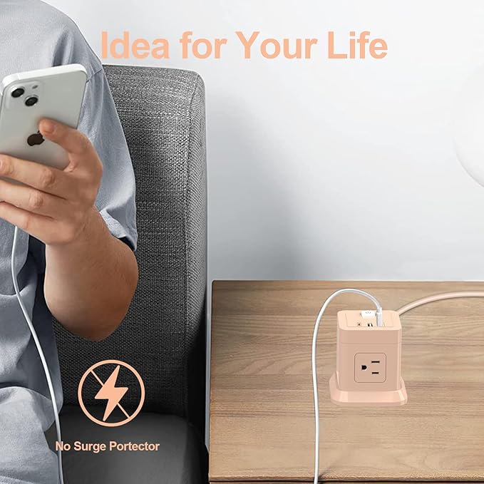 Cube Power Strip, FDTEK 4 Widely Spaced Outlet with 3 USB (1 USB C) Flat Plug Power Strips with Long Extension Cords Space Save Compact Portable for Travel Home Office Cruise (Pink)