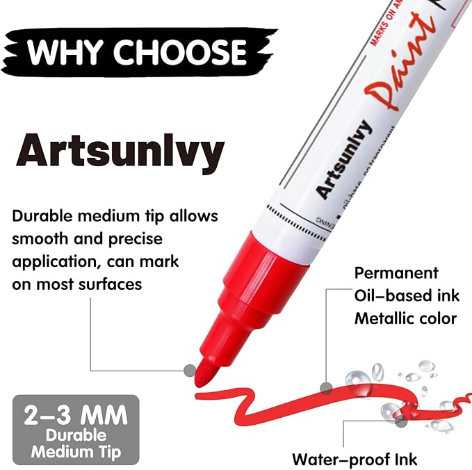 Red Permanent Paint Markers - 2 Pack Oil-Based Medium Tip,Waterproof Quick Dry Paint Pens for Metal,Rock,Wood,Fabric,Plastic,Canvas,Glass, Mug