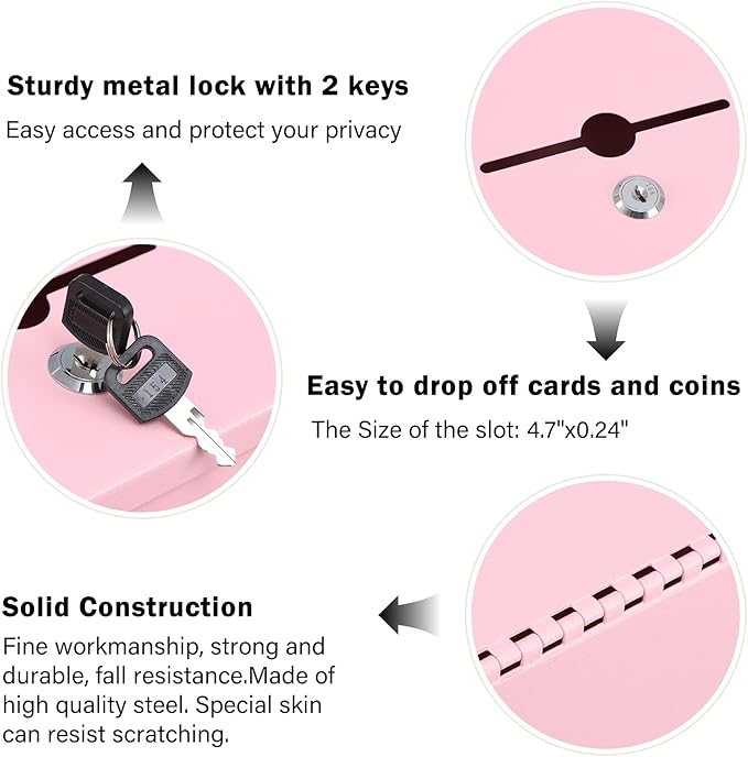 xydled Suggestion Box with Key Lock, Locking Metal Donation Ballot Drop, Comment Prayer Box with Slot for Office, Fundraising, Church, School, Home Use, Pink, 8.7 x 7.1 x 5.9 Inches