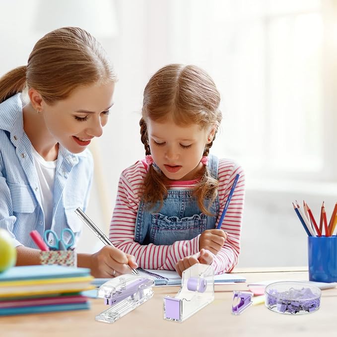 Office Supplies Set Desk Accessory Kit, Acrylic Stapler Set Staple Remover, Tape Dispenser, Binder Clips, Paper Clips, Ballpoint Pen and Scissor with 1000 Pieces 26/6 Staples (Purple)
