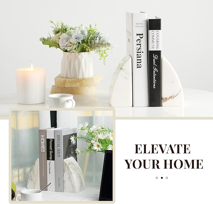 Koville Marble Bookends for Shelves, Large Bookends for Heavy Books, Natural Stone Book Stopper for Books CD Movies, Aesthetic Decorative Book Ends (Oriental Calacatta)