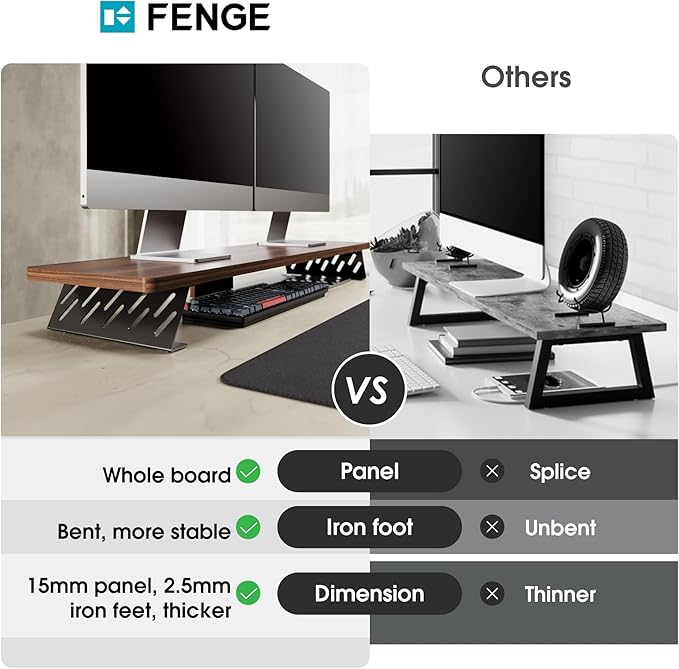 Fenge Dual Monitor Stand Riser, 42.5 Inch Desk Top Shelf for 2 Monitors, Computer Stands for Desk, Wood & Steel Desktop Riser for Laptop, PC, Printer