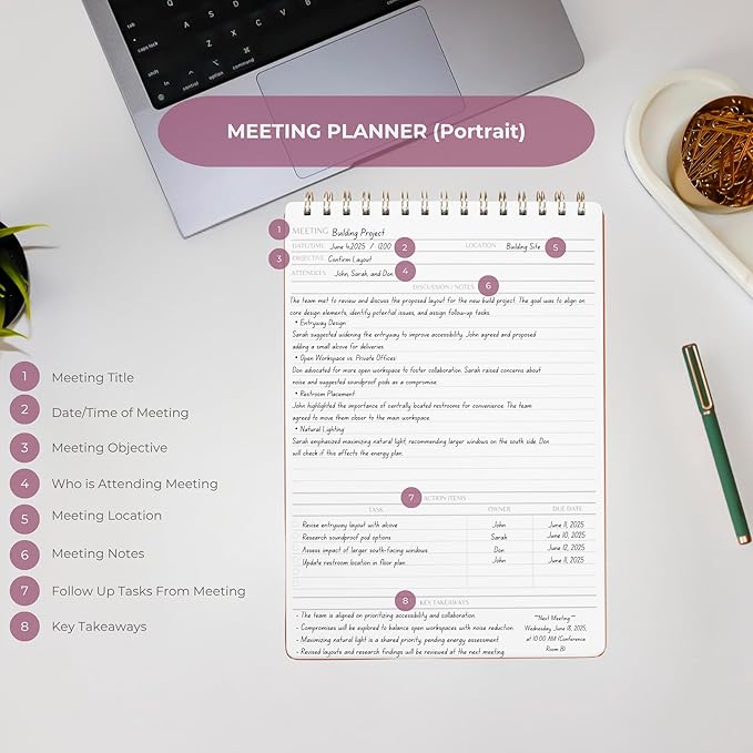 | Meeting Notebook for Work | 8.25" x 11.75" | Project Planner | Simple Design | Multiple Layouts | Office and Business Planner (Navy, Meeting Planner - Portrait)