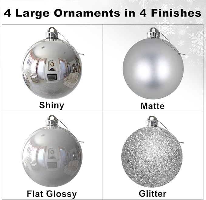 Silver 4.0" Large Christmas Balls - Christmas Tree Decoration Ornaments Shatterproof Hanging Balls for Birthday Halloween Holiday Wedding Decorations Set of 4pcs