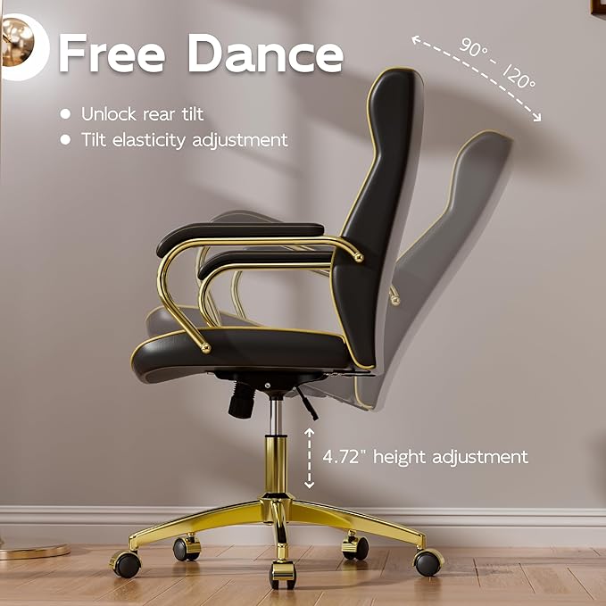 Black and Gold Office Chair with Soft Leather Embroidery, Mid Back Vintage Swivel Executive Desk Chair with Wheels and Padded Arms, Adjustable Height