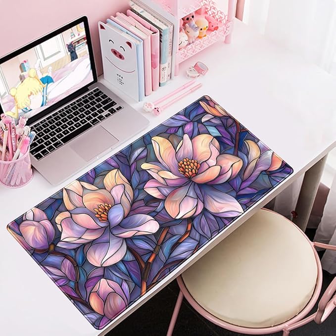 Floral Desk Mat Gaming Large Mouse Pad Desk Keyboard Pad, Long Computer Mat Faux Stained Glass Artistic Patterns Mouse Mat, Aesthetic Floral Purple & Pink Desk Protector Office Decor 31.5" X 15.7"