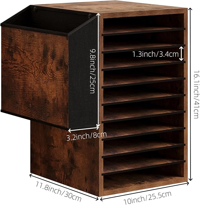 Office Mail Sorter, Wooden Paper Organizer with Storage Bag, 10 Tier Adjustable Classroom Mailbox, Removable Classroom Organization, Teacher Desk Organization for Office, Study, Brown