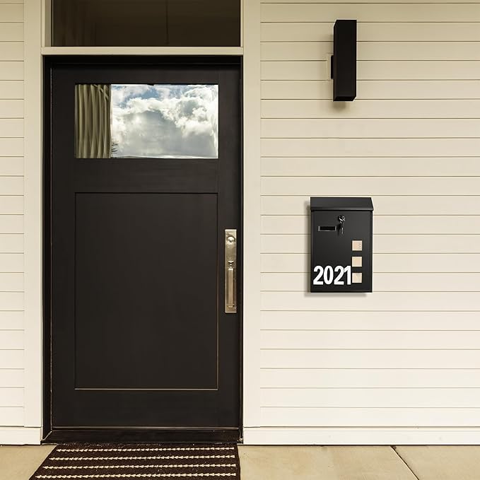 LAND·VOI Wall Mounted Mailbox with 4 Keys, Post Box for Wall and Fence, Viewing Windows, Nameplate, 3.94 x 9.8 x 15.6 Inches, Large Capacity, Includes Mailbox Numbers, Matt Black, AMB31B