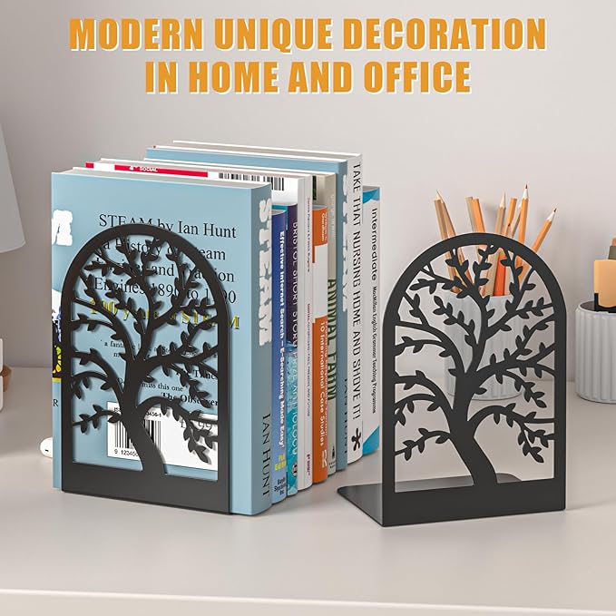 VFINE Decorative Bookends 3 Pairs, Tree Metal Bookends, Unique Black Book Ends to Hold Books, Book Holder for Heavy Books, Home Decorative Book Stoppers for Shelves (6 Pieces)