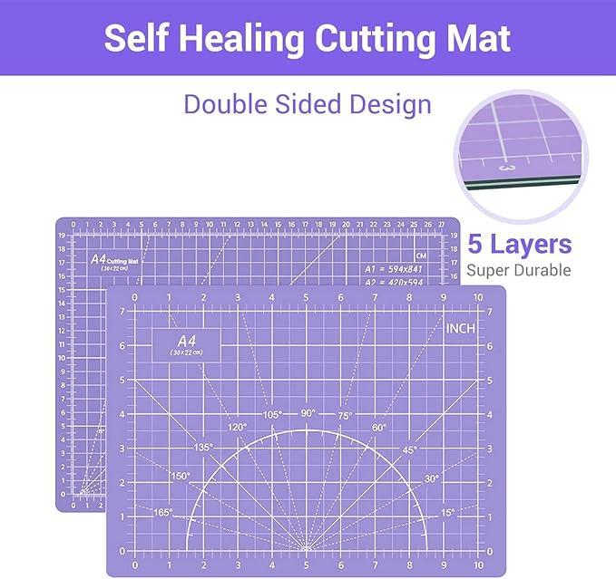 Headley Tools 39 Pcs Rotary Cutter Set - Quilting Kit incl. 45mm Fabric Cutter with 5 Extra Blades, A4 Cutting Mat, 2 Craft Knife Set, Sewing Clips, Ideal for Crafting, Sewing, Patchworking Purple