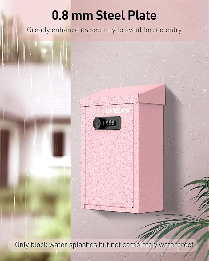 Uniclife Pink Metal Wall Mounted Mailbox with Top Slot, Key Drop Box with Combination Lock for Outside, Donation Box Collection Boxes, Safe Suggestion Boxes, Steel Cash Drop Chest