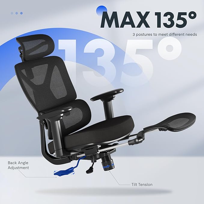 FLEXISPOT ErgoX Premium Ergonomic Office Chair with Footrest- Adjustable 3D Armrests, Dynamic Lumbar Support, Recline & Tilt Function, Mesh Seat, for Home & Office Use,Foam Black