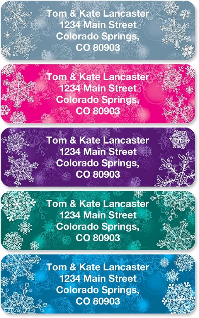 Snowflake Christmas Holiday Rolled Personalized Return Address Mailing Labels with Dispenser, Set of 250, 5 Designs, Small ¾ x 2½ Inch Size, Custom Self-Adhesive Sticker Roll, by Colorful Images
