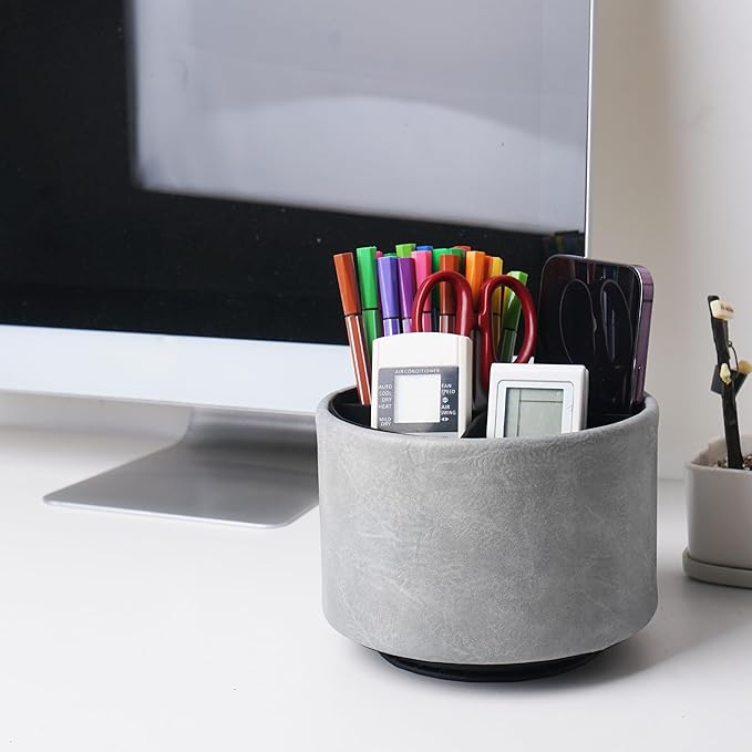 Hennaja Round Leather Art Supply Organizer,Remote Control Holder,360 Degree Spinning,Multi-Functional Pencil Holder,4 Compartments Desktop Stationary Organizer(1-Crazy Blue)