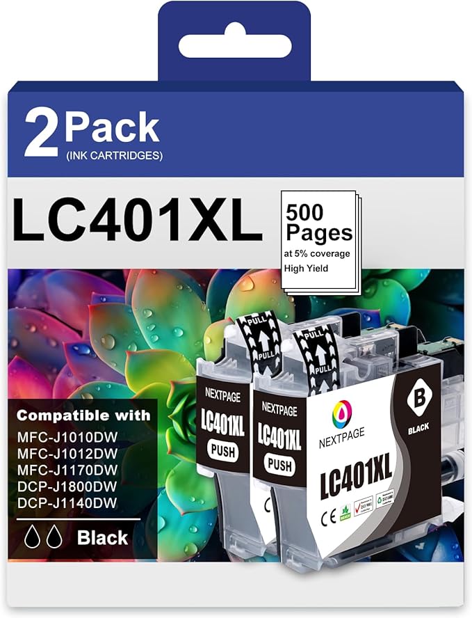 LC401XL Black Ink Cartridges High Yield Compatible for Brother LC401 XL LC401XL Black Ink Cartridges for Brother MFC-J1010DW MFC-J1012DW MFC-J1170DW Printer - 2 Pack LC401XLBK