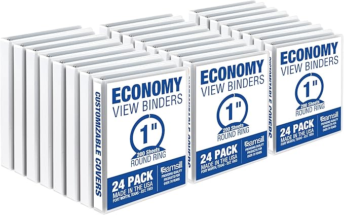 Samsill 1 Inch 3 Ring Binders, Made in USA, Economy Round Ring, Clear View Cover, 200 Sheet Capacity - for School, Home, Office - White, 24 Pack