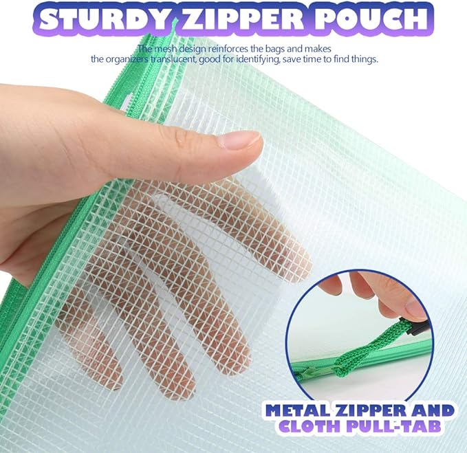 LEOBRO Mesh Zipper Pouches Bags, 10PCS Zipper Pouch, A4 Mesh Bags with Zipper, Zipper Pouches for Organization, Storage Bags for School Office Travel Supplies, File Jackets & File Pockets