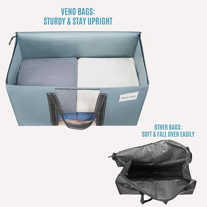 VENO 2 Pack Moving Bags, Moving Supplies, Moving Boxes, College Packing Storage Boxes with Lids Alternative, Heavy Duty Totes, Extra Large, Sturdy Handles, Zipper (Light Blue with Window, 2 Pack)