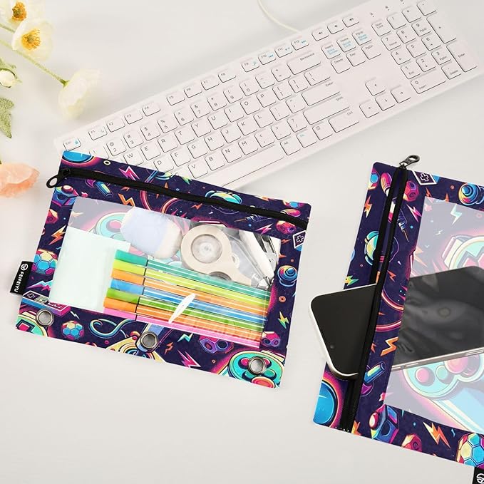 Bright Game Joystick Pencil Pouch for 3 Ring Binder, 2 Pack Waterproof Pencil Bags Clear Window Zipper School Office Supplies