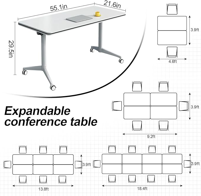 Folding Conference Table, Modern Large Conference Room Tables with Flip-Top Design, Foldable Conference Table Meeting Table with Wheels, Mobile Seminar Training Tables for Office Classroom (4, White)