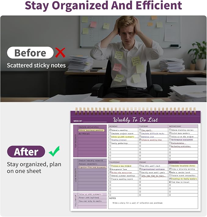 Weekly To Do List Notepad, 52 Undated Sheets （8.5"×11") Duplex-Printed Weekly Desk Planner For Work Home School Office Desk Accessories Supplies & Goal Setting Tasks - Purple